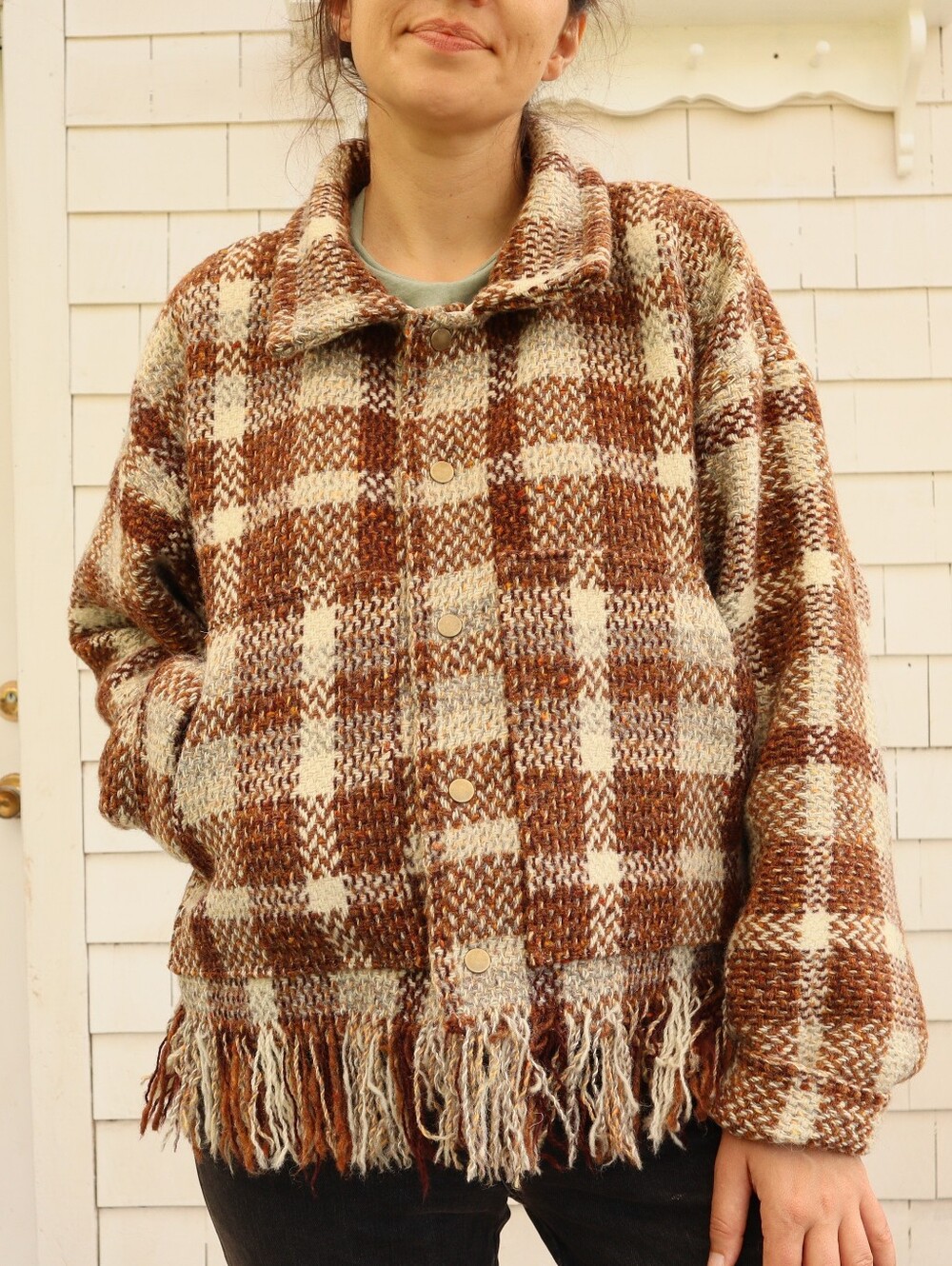 Upcycled Wool Blanket Jacket Brown & Cream Plaid Fringe L • XL